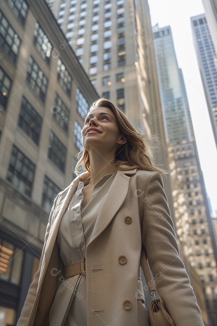 Uma empresária sorri enquanto caminha com confiança pelas ruas movimentadas da metrópole
