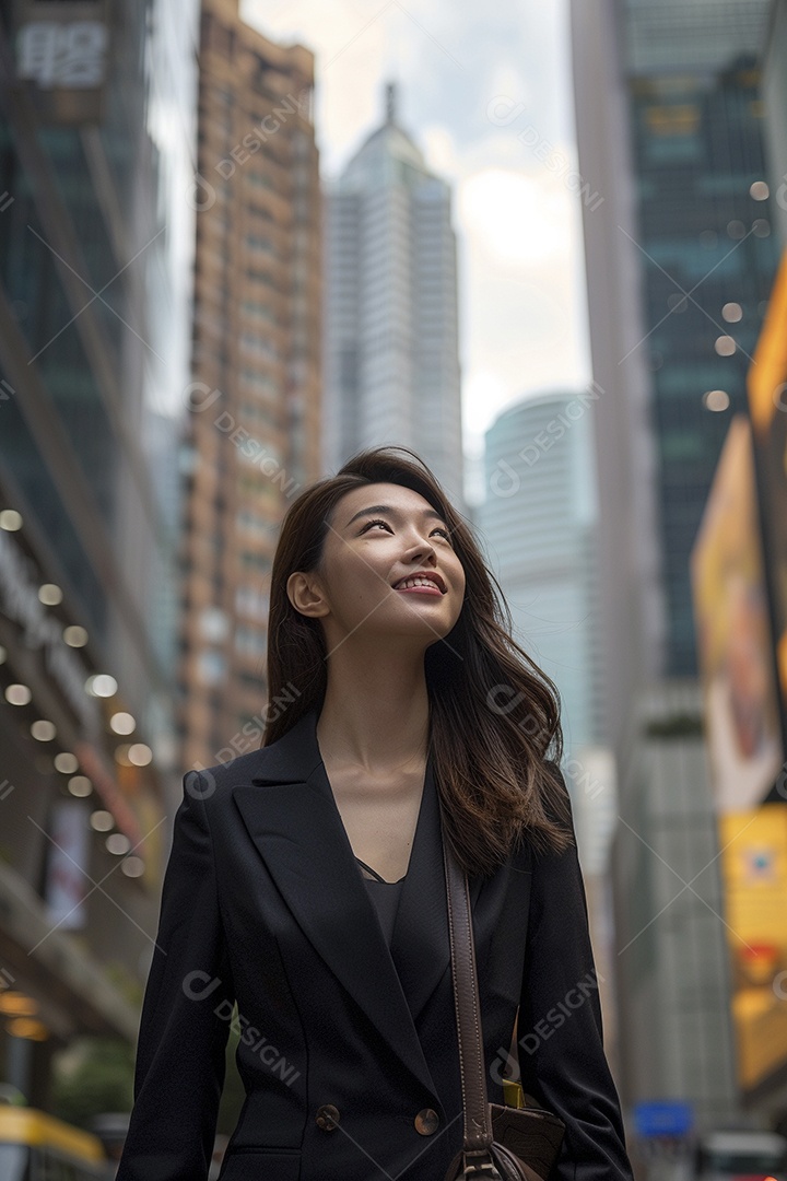 Uma empresária sorri enquanto caminha confiante pelas ruas movimentadas da metrópole