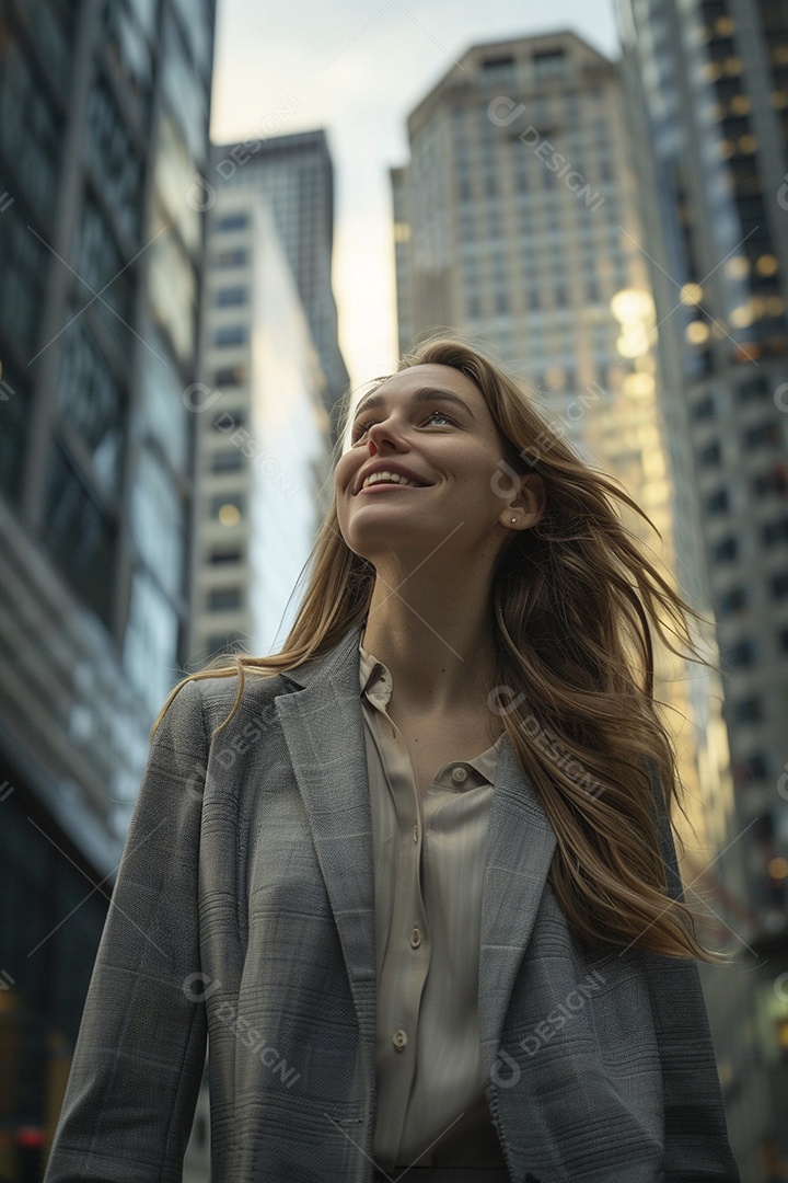 Uma empresária sorri enquanto caminha com confiança pelas ruas movimentadas da metrópole
