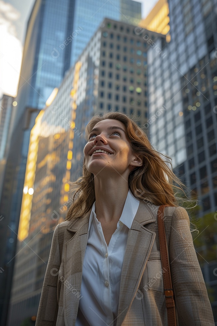Uma empresária sorri enquanto caminha com confiança pelas ruas movimentadas da metrópole