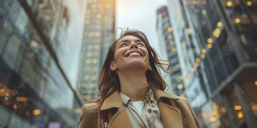 A businesswoman smiles as she confidently walks through the busy streets of the metropolis_11