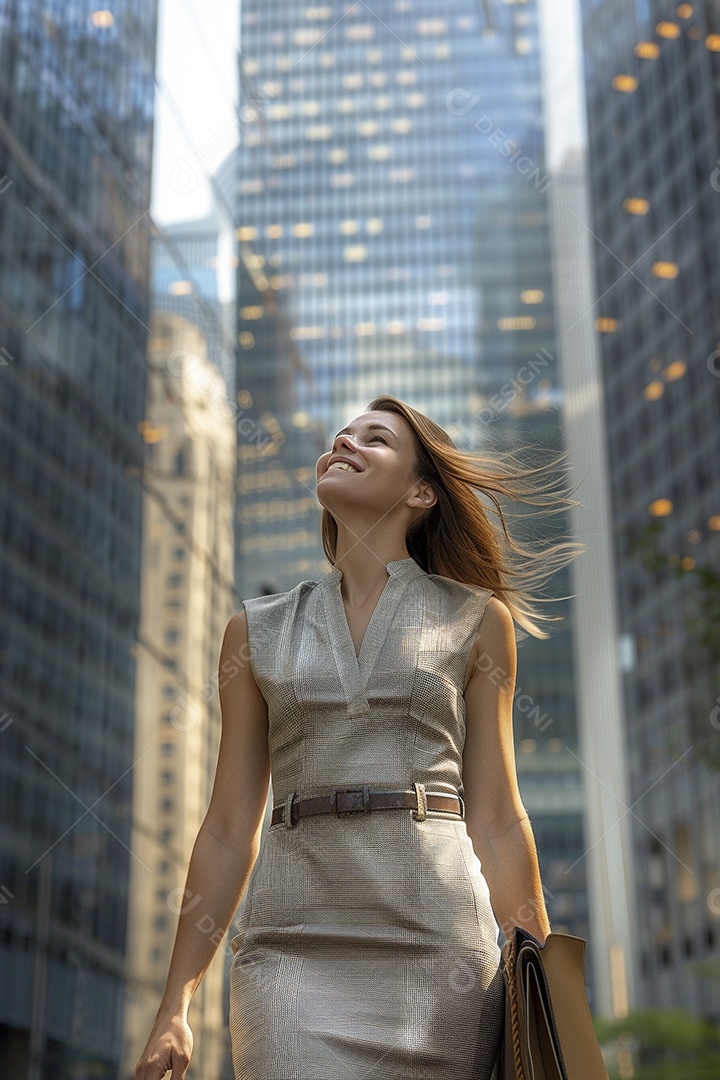 Uma empresária sorri enquanto caminha com confiança pelas ruas movimentadas da metrópole