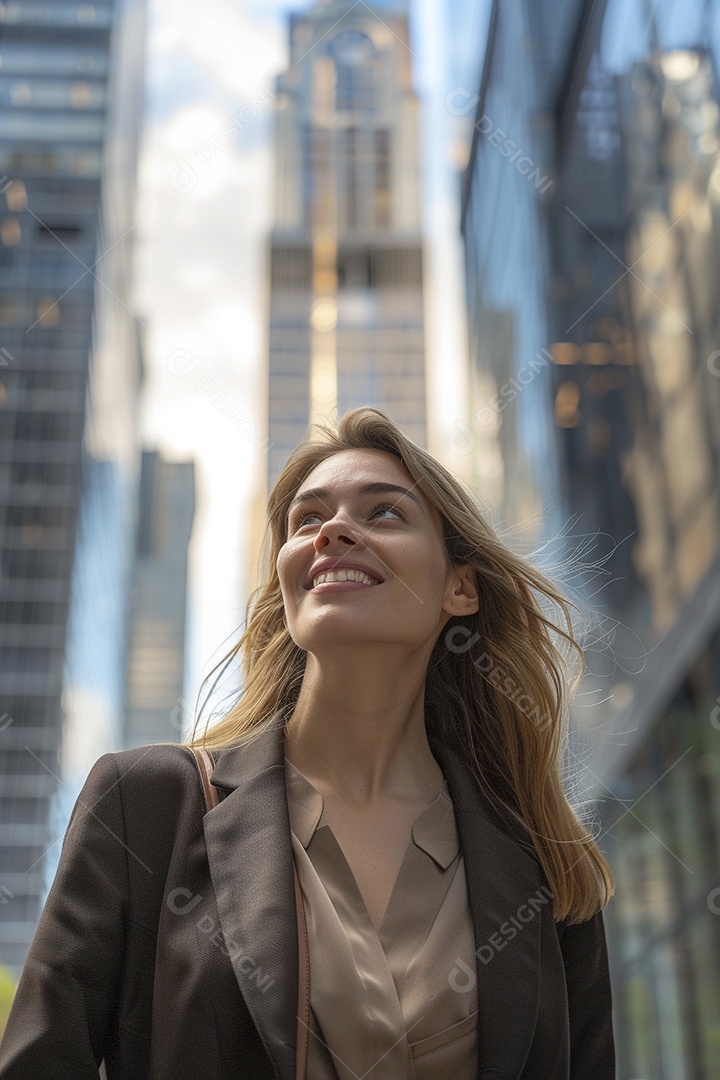 Uma empresária sorri enquanto caminha com confiança pelas ruas movimentadas da metrópole