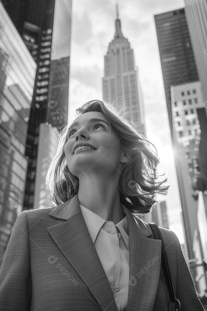 Uma empresária sorri enquanto caminha com confiança pelas ruas movimentadas da metrópole