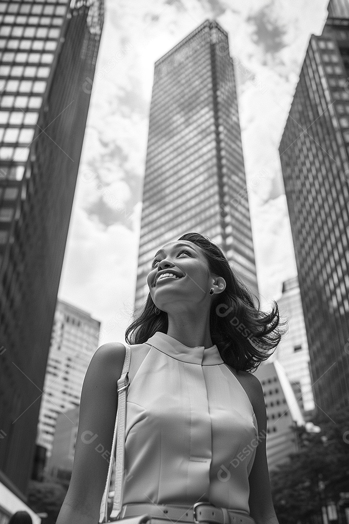 Uma empresária sorri enquanto caminha com confiança pelas ruas movimentadas da metrópole