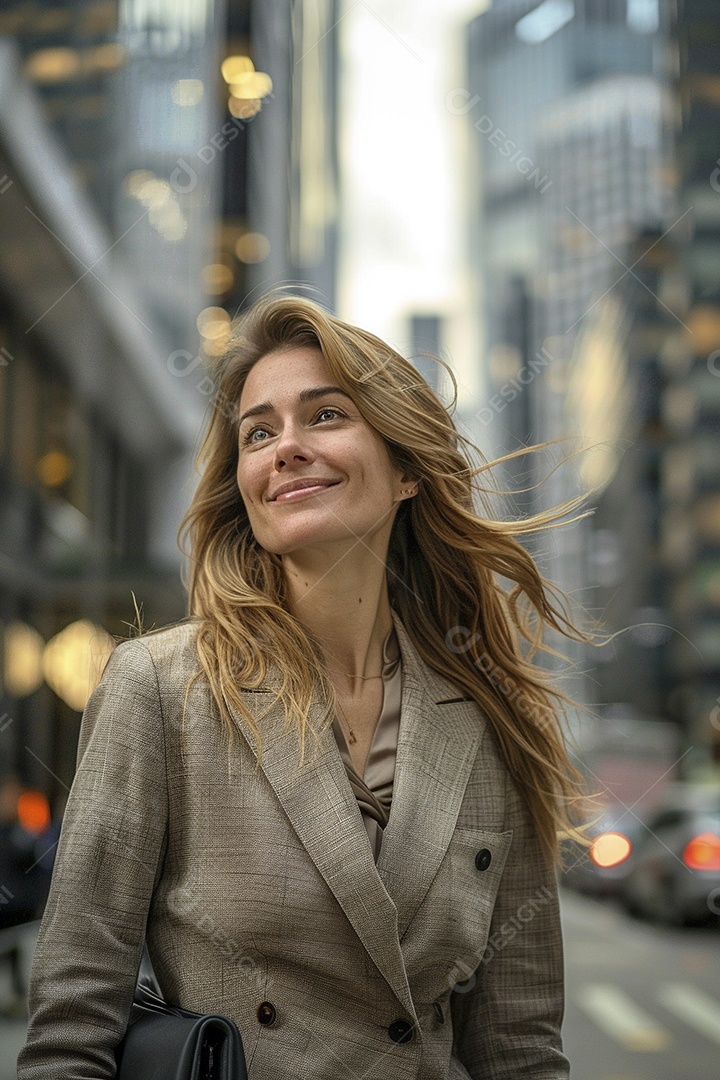 Uma empresária sorri enquanto caminha com confiança pelas ruas movimentadas da metrópole