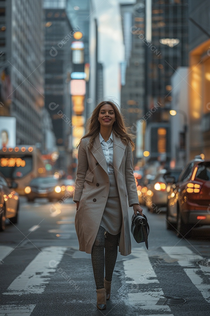 Uma empresária sorri enquanto caminha com confiança pelas ruas movimentadas da metrópole