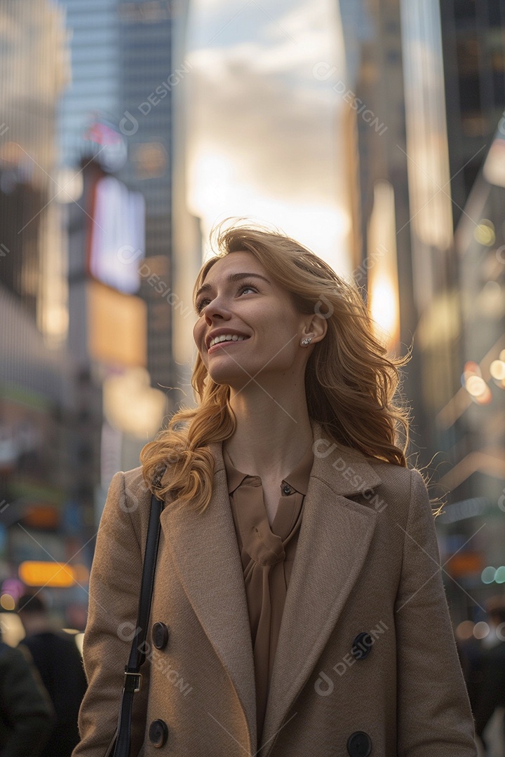 Uma empresária sorri enquanto caminha com confiança pelas ruas movimentadas da metrópole