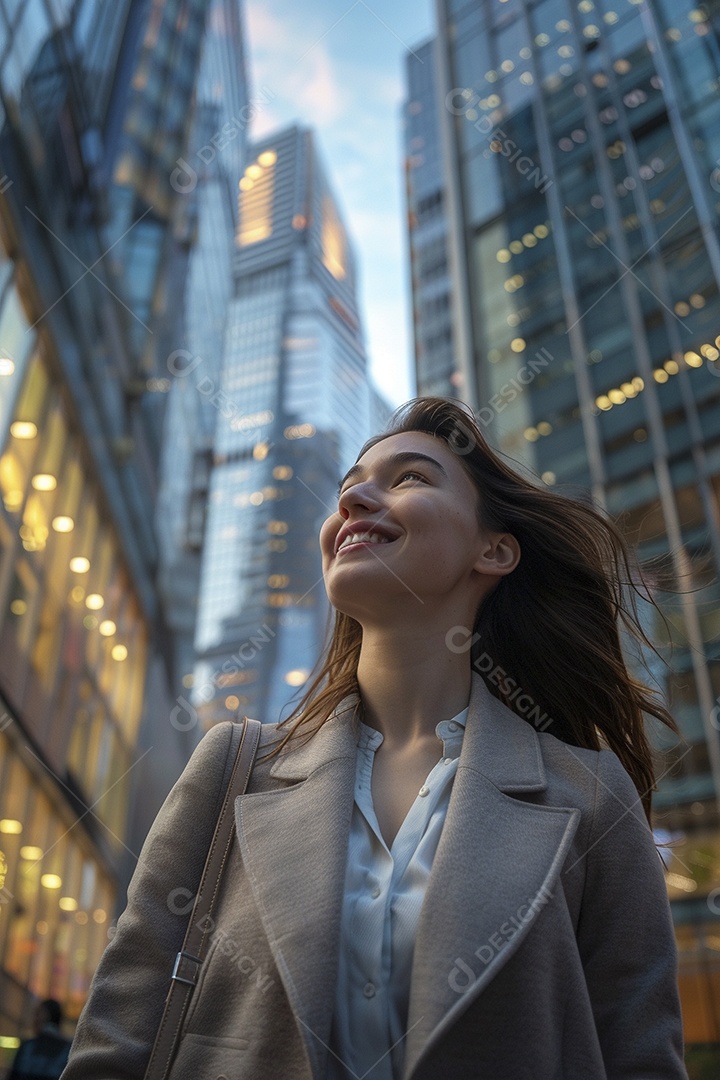 Uma empresária sorri enquanto caminha com confiança pelas ruas movimentadas da metrópole