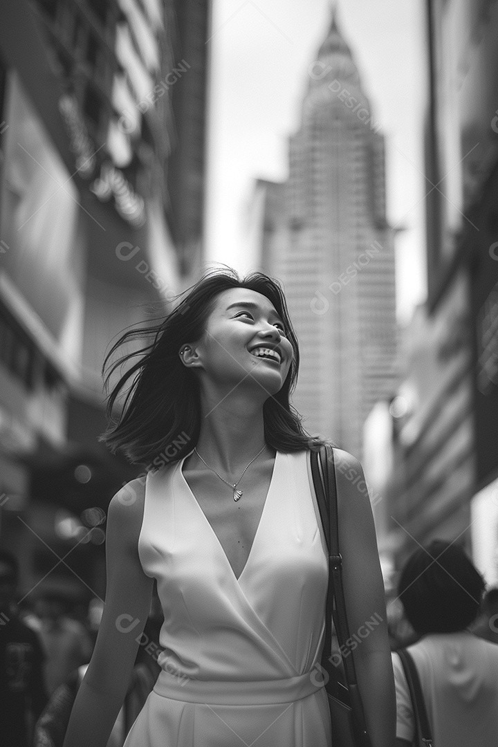 Uma empresária sorri enquanto caminha com confiança pelas ruas movimentadas da metrópole