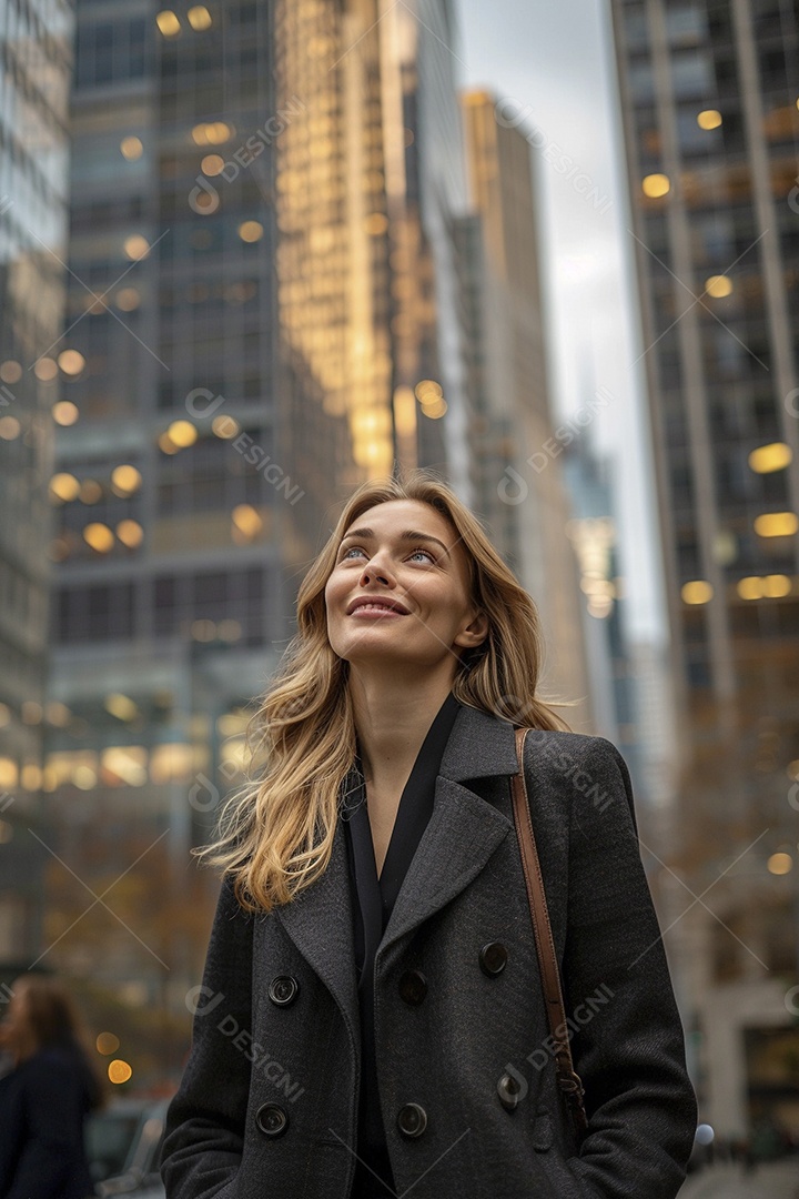 Uma empresária sorri enquanto caminha com confiança pelas ruas movimentadas da metrópole