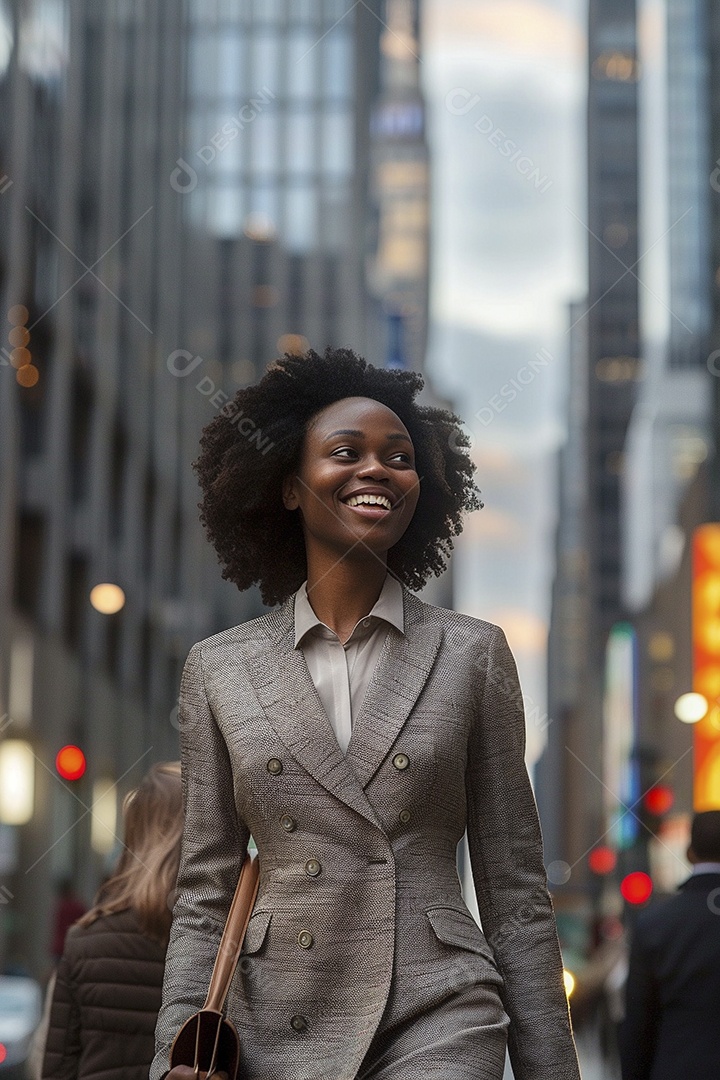 Uma empresária sorri enquanto caminha com confiança pelas ruas movimentadas da metrópole