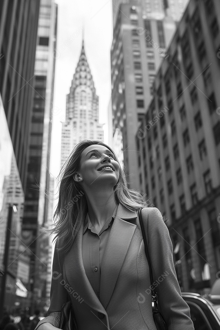 Uma empresária sorri enquanto caminha com confiança pelas ruas movimentadas da metrópole