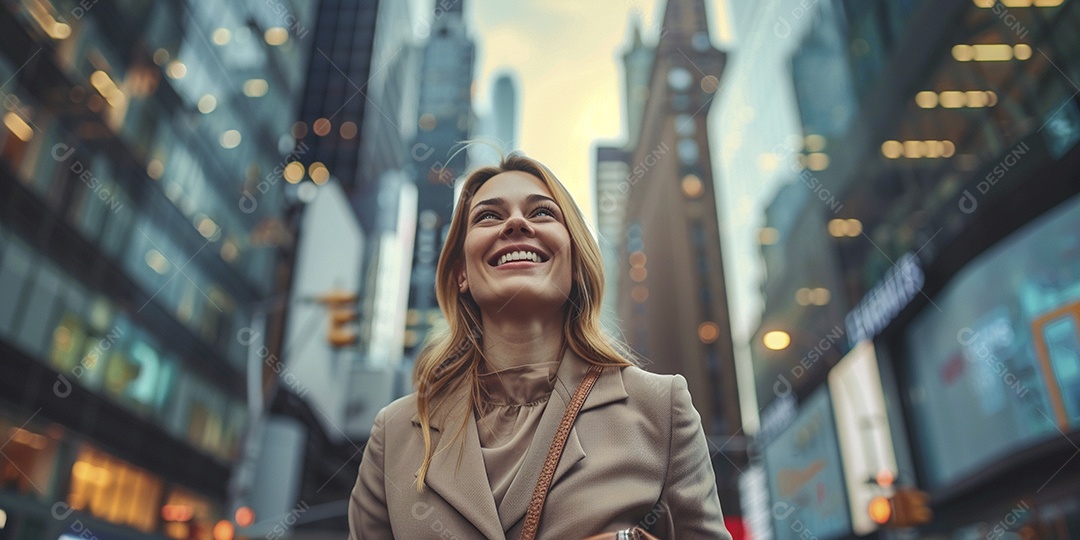 Uma empresária sorri enquanto caminha com confiança pelas ruas movimentadas da metrópole