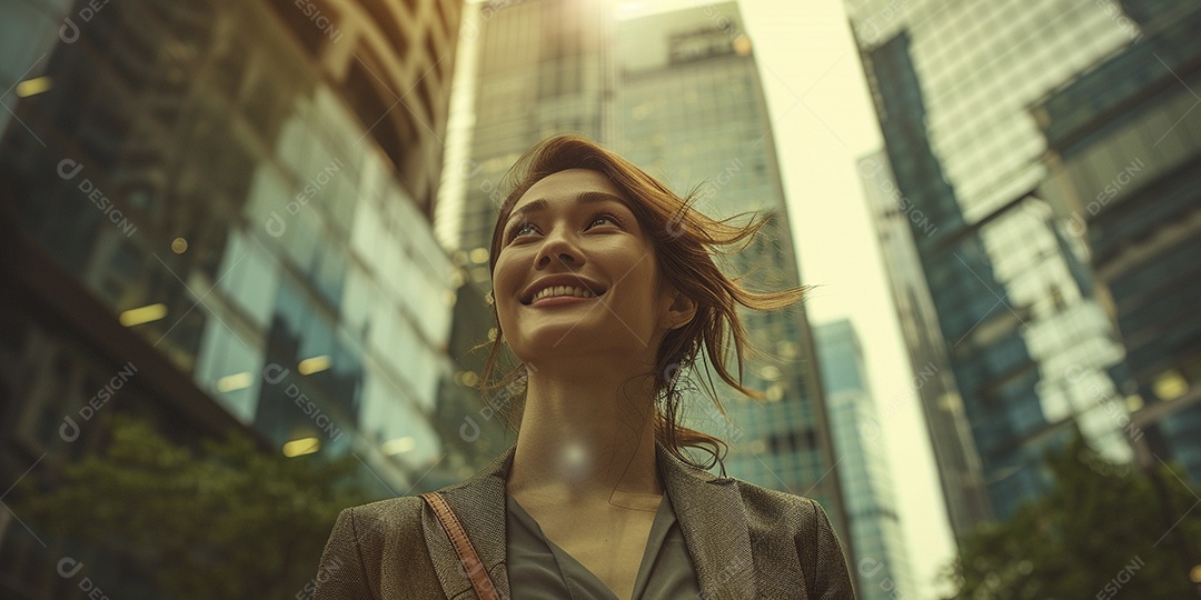 Uma empresária sorri enquanto caminha com confiança pelas ruas movimentadas da metrópole
