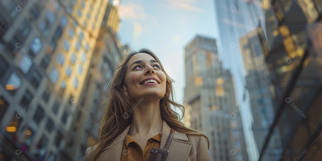 Uma empresária sorri enquanto caminha com confiança pelas ruas movimentadas da metrópole
