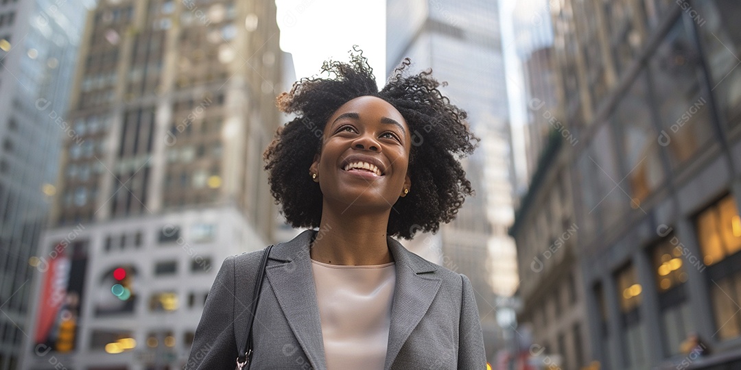 Uma empresária sorri enquanto caminha com confiança pelas ruas movimentadas da metrópole