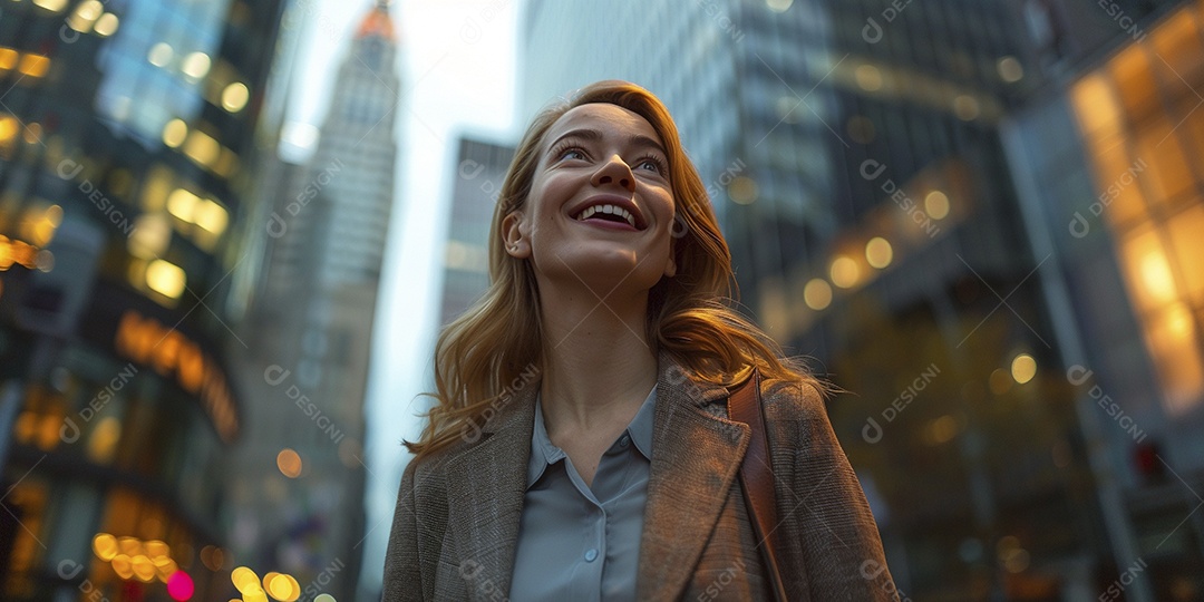 Uma empresária sorri enquanto caminha com confiança pelas ruas movimentadas da metrópole