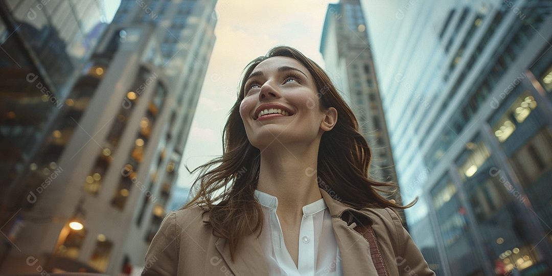Uma empresária sorri enquanto caminha com confiança pelas ruas movimentadas da metrópole