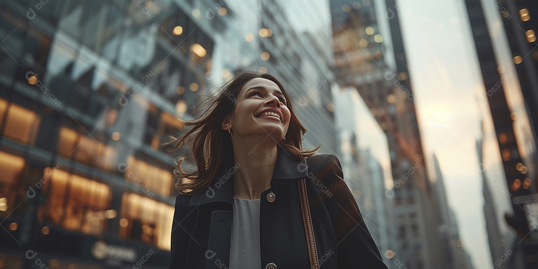 Uma empresária sorri enquanto caminha com confiança pelas ruas movimentadas da metrópole