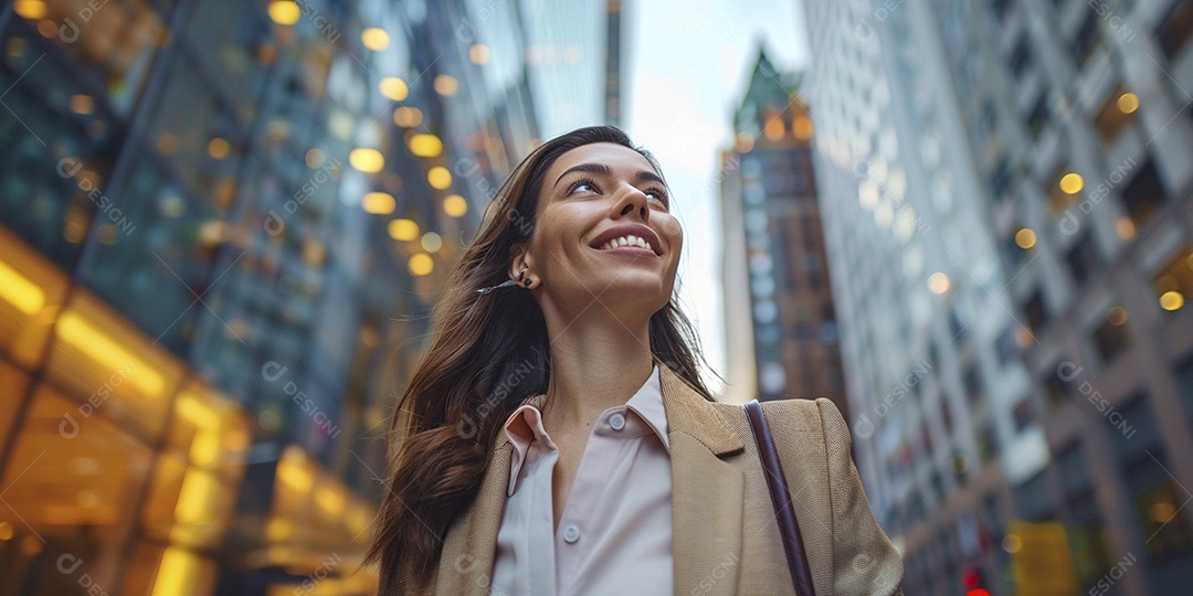 Uma empresária sorri enquanto caminha com confiança pelas ruas movimentadas da metrópole
