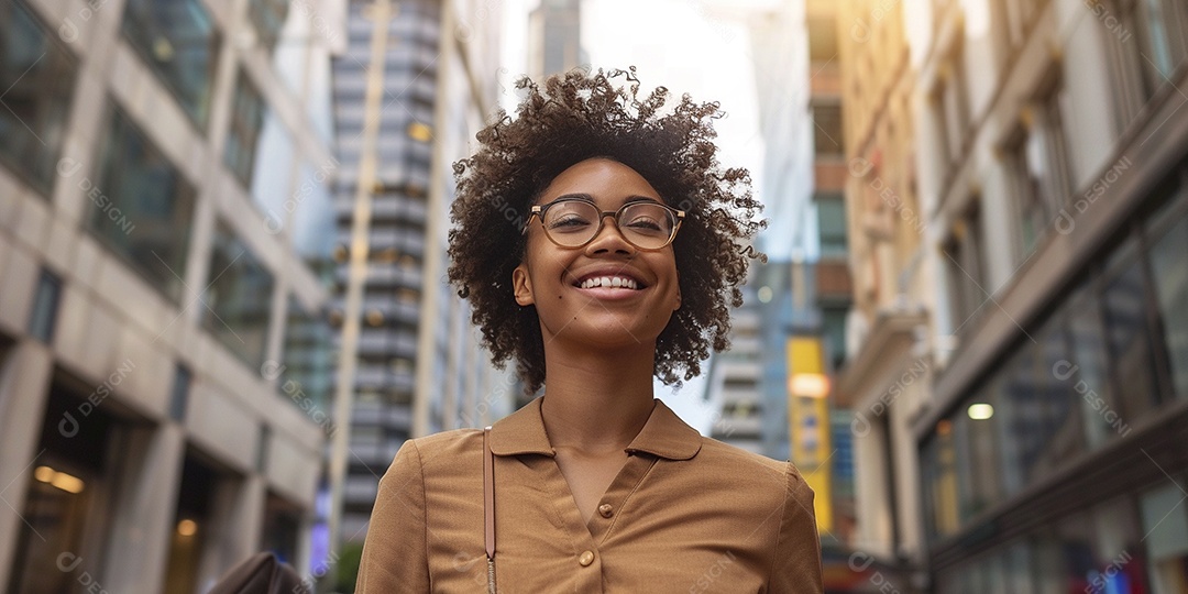 Uma empresária sorri enquanto caminha com confiança pelas ruas movimentadas da metrópole