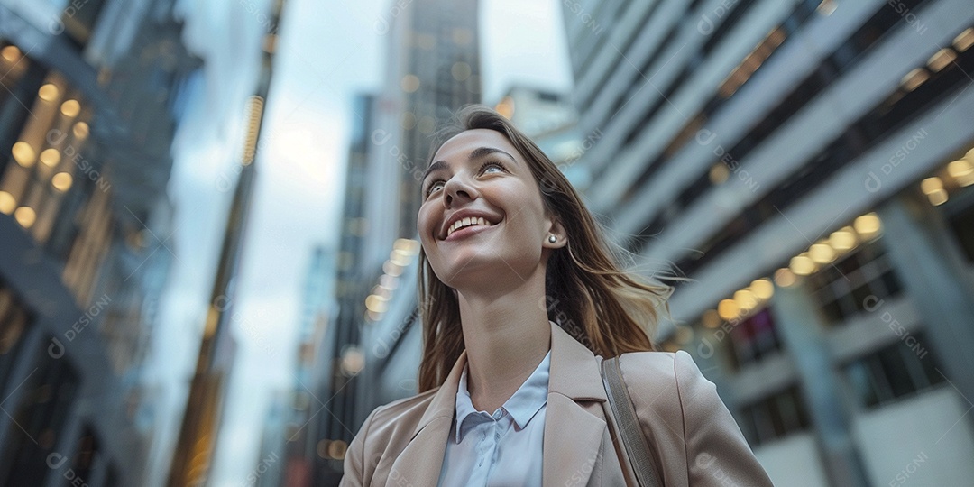 Uma empresária sorri enquanto caminha confiante pelas ruas movimentadas da metrópole