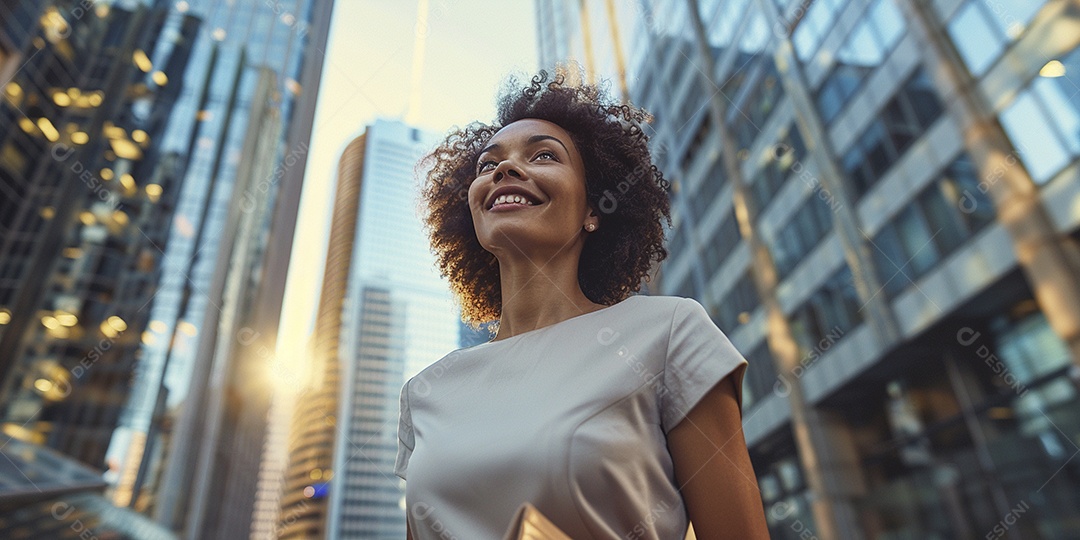 Uma empresária sorri enquanto caminha com confiança pelas ruas movimentadas da metrópole