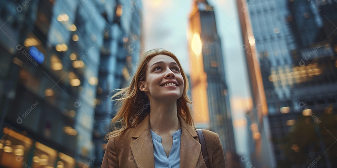 Uma empresária sorri enquanto caminha com confiança pelas ruas movimentadas da metrópole