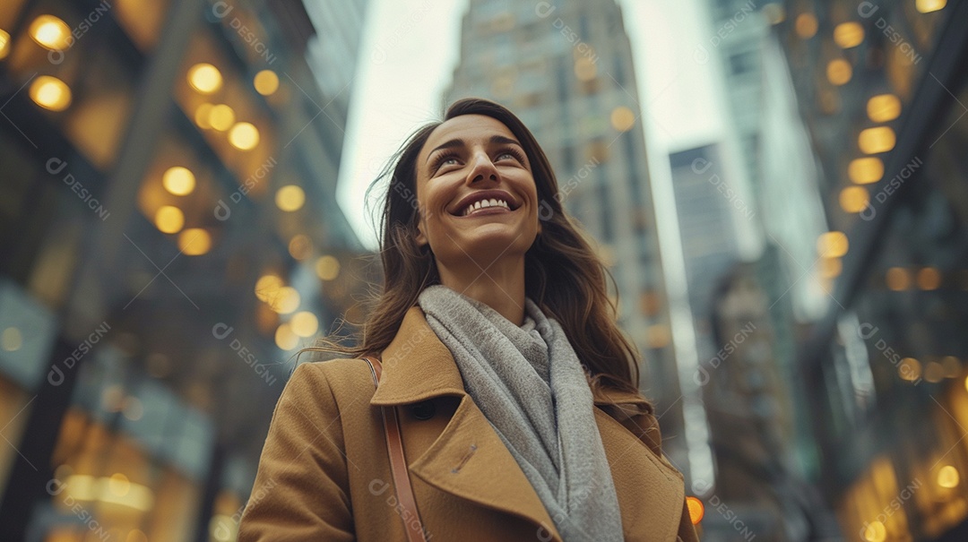 Uma empresária sorri enquanto caminha com confiança pelas ruas movimentadas da metrópole