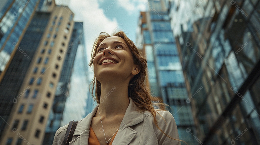 Uma empresária sorri enquanto caminha com confiança pelas ruas movimentadas da metrópole
