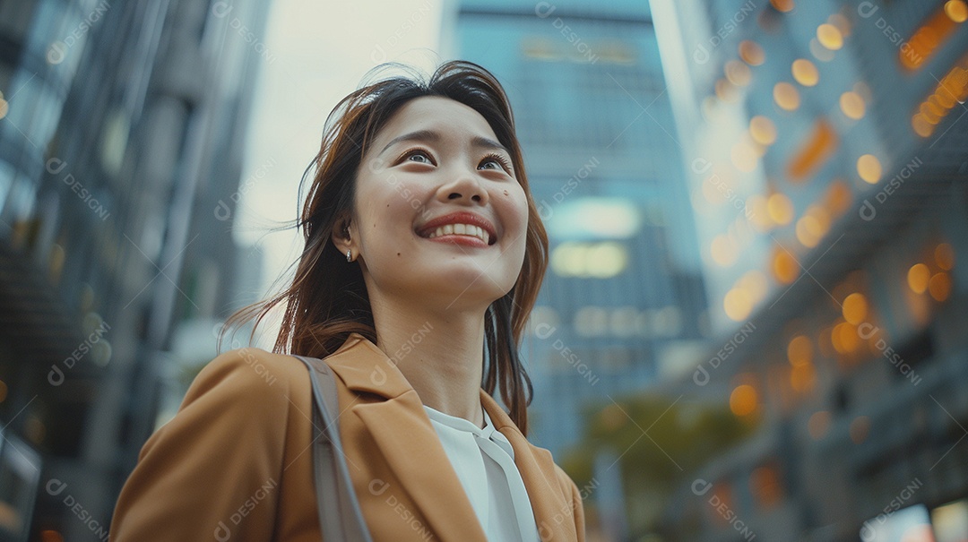 Uma empresária sorri enquanto caminha com confiança pelas ruas movimentadas da metrópole
