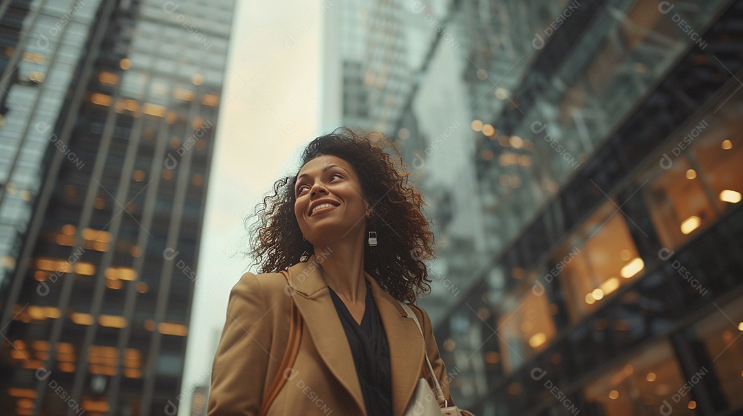 Uma empresária sorri enquanto caminha com confiança pelas ruas movimentadas da metrópole