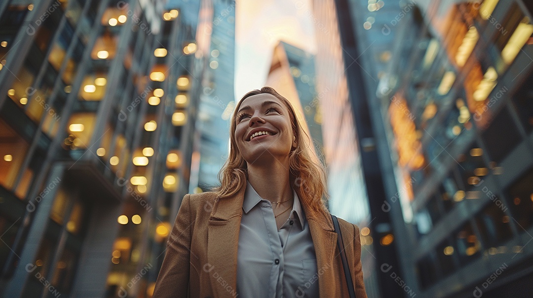 Uma empresária sorri enquanto caminha com confiança pelas ruas movimentadas da metrópole