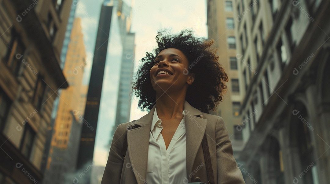 Uma empresária sorri enquanto caminha com confiança pelas ruas movimentadas da metrópole