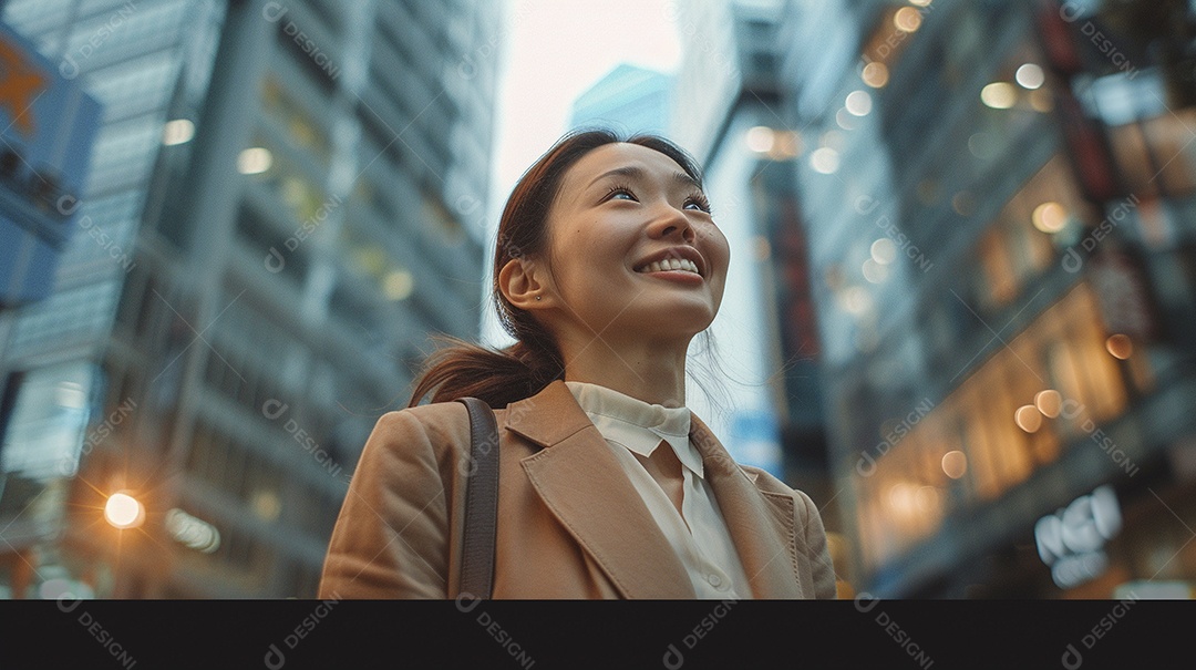 Uma empresária sorri enquanto caminha com confiança pelas ruas movimentadas da metrópole