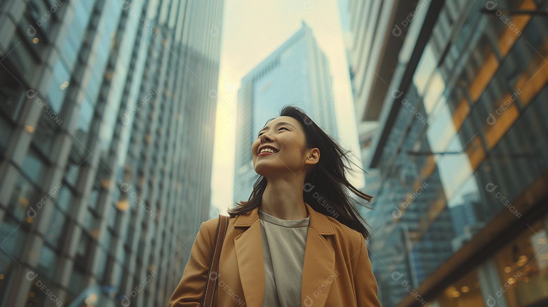 Uma empresária sorri enquanto caminha com confiança pelas ruas movimentadas da metrópole