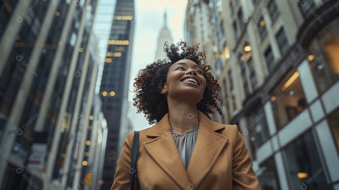 Uma empresária sorri enquanto caminha com confiança pelas ruas movimentadas da metrópole