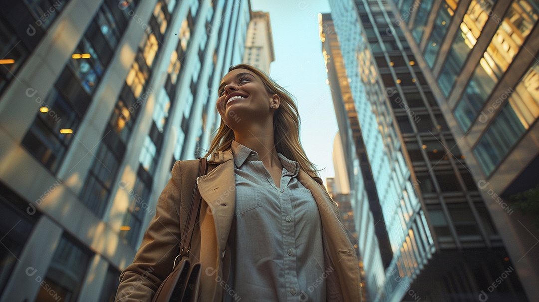 Uma empresária sorri enquanto caminha com confiança pelas ruas movimentadas da metrópole