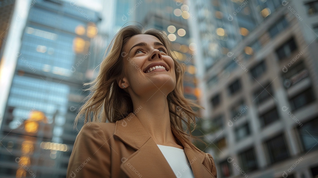 Uma empresária sorri enquanto caminha com confiança pelas ruas movimentadas da metrópole