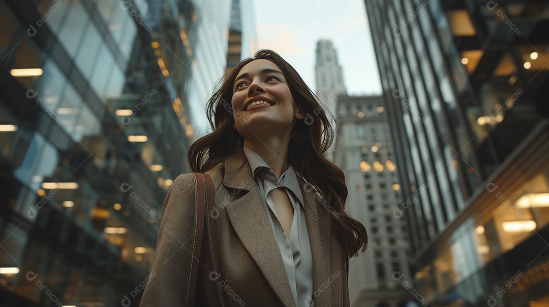 Uma empresária sorri enquanto caminha com confiança pelas ruas movimentadas da metrópole