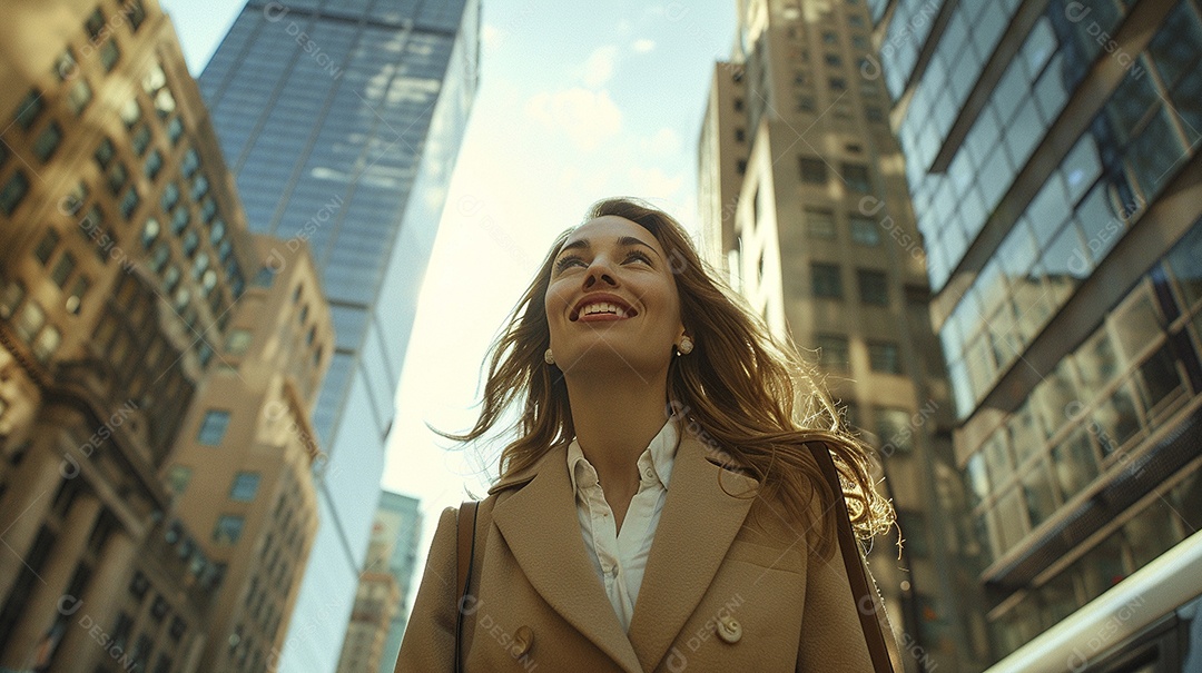 Uma empresária sorri enquanto caminha com confiança pelas ruas movimentadas da metrópole