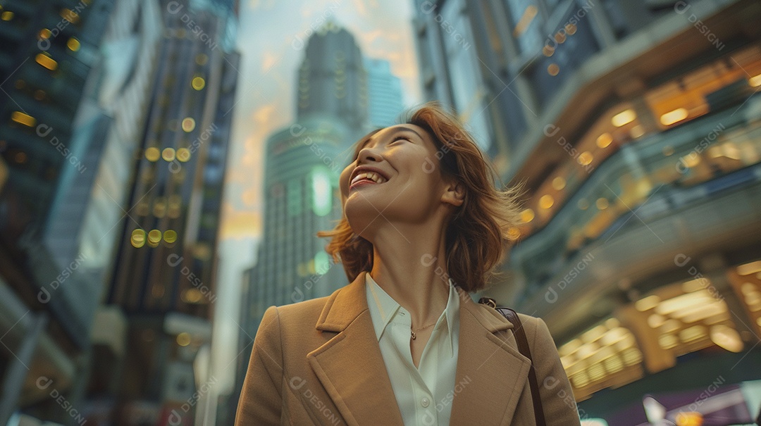 Uma empresária sorri enquanto caminha com confiança pelas ruas movimentadas da metrópole