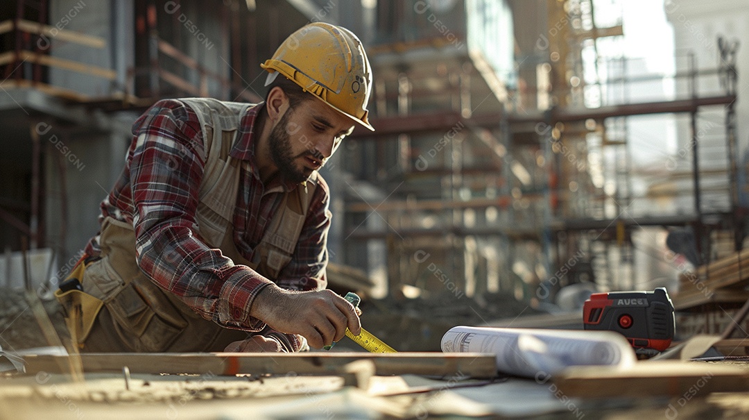 Um trabalhador da construção civil medindo um local para um edifício, o trabalhador segurando uma fita métrica