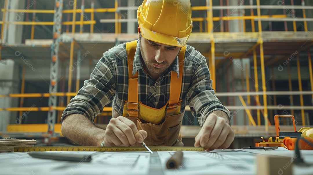 Um trabalhador da construção civil medindo um local para um edifício, o trabalhador segurando uma fita métrica