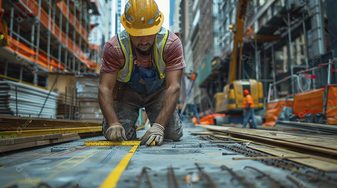 Um trabalhador da construção civil medindo um local para um edifício, o trabalhador segurando uma fita métrica