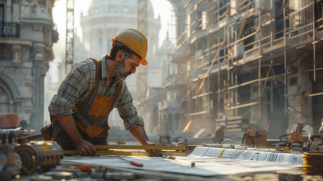 Um trabalhador da construção civil medindo um local para um edifício, o trabalhador segurando uma fita métrica
