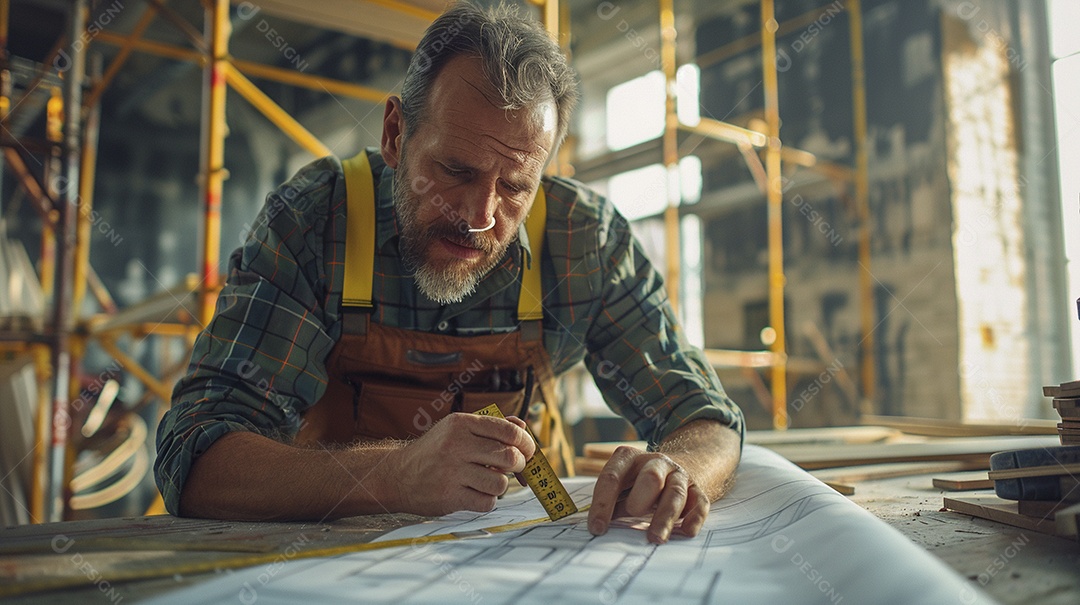 Um trabalhador da construção civil medindo um local para um edifício, o trabalhador segurando uma fita métrica
