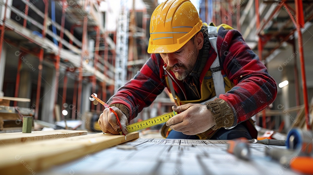 Um trabalhador da construção civil medindo um local para um edifício, o trabalhador segurando uma fita métrica