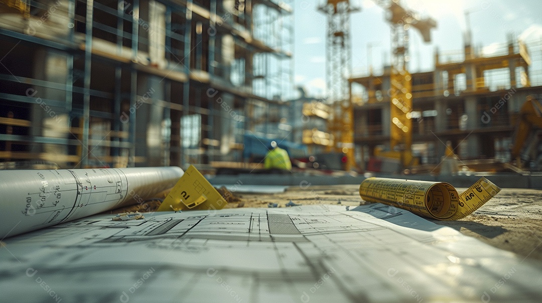 Um trabalhador da construção civil medindo um local para um edifício, o trabalhador segurando uma fita métrica